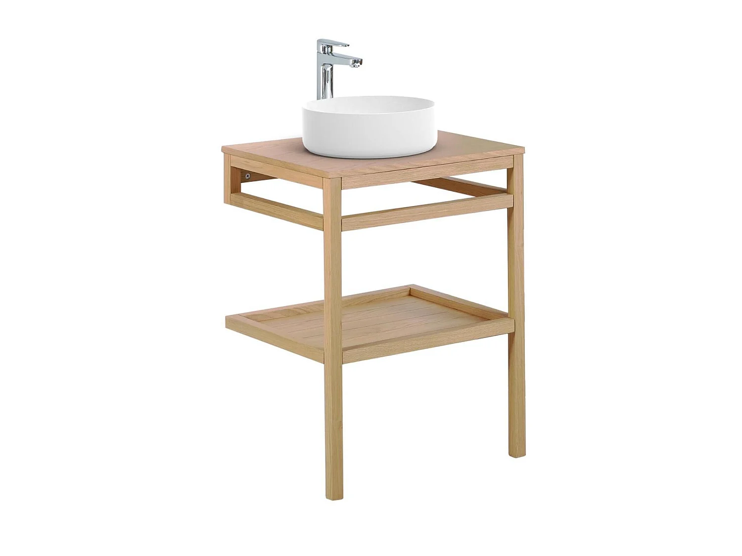 Mueble simple 60cm roble lavabo redondo blanco y grifo HOPP