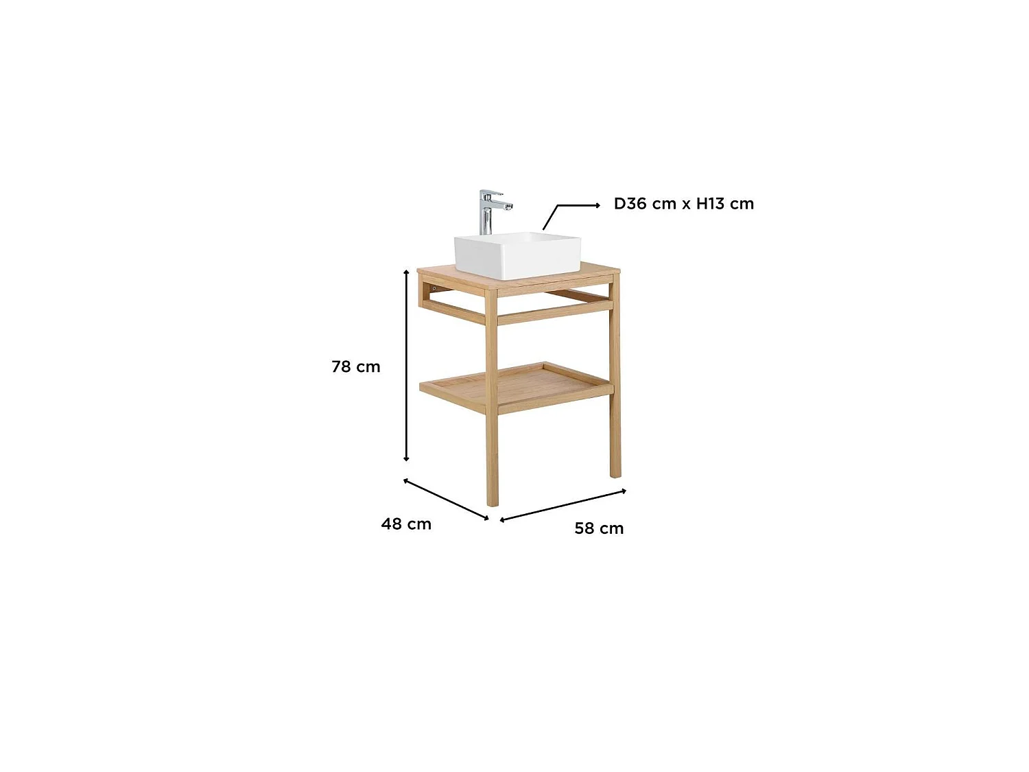 Mueble simple 60cm roble lavabo redondo blanco y grifo HOPP