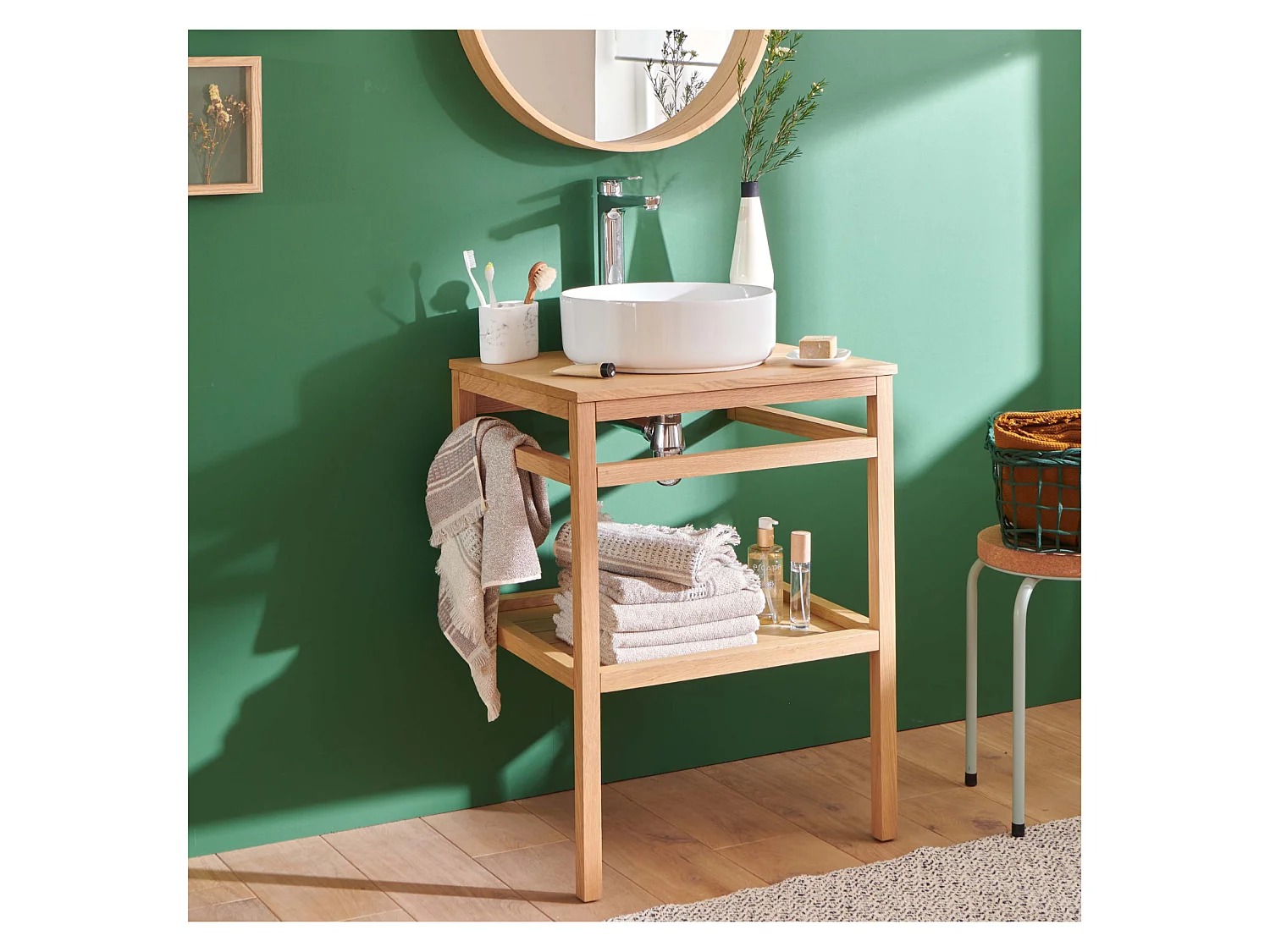 Mueble simple 60cm roble lavabo redondo blanco y grifo HOPP