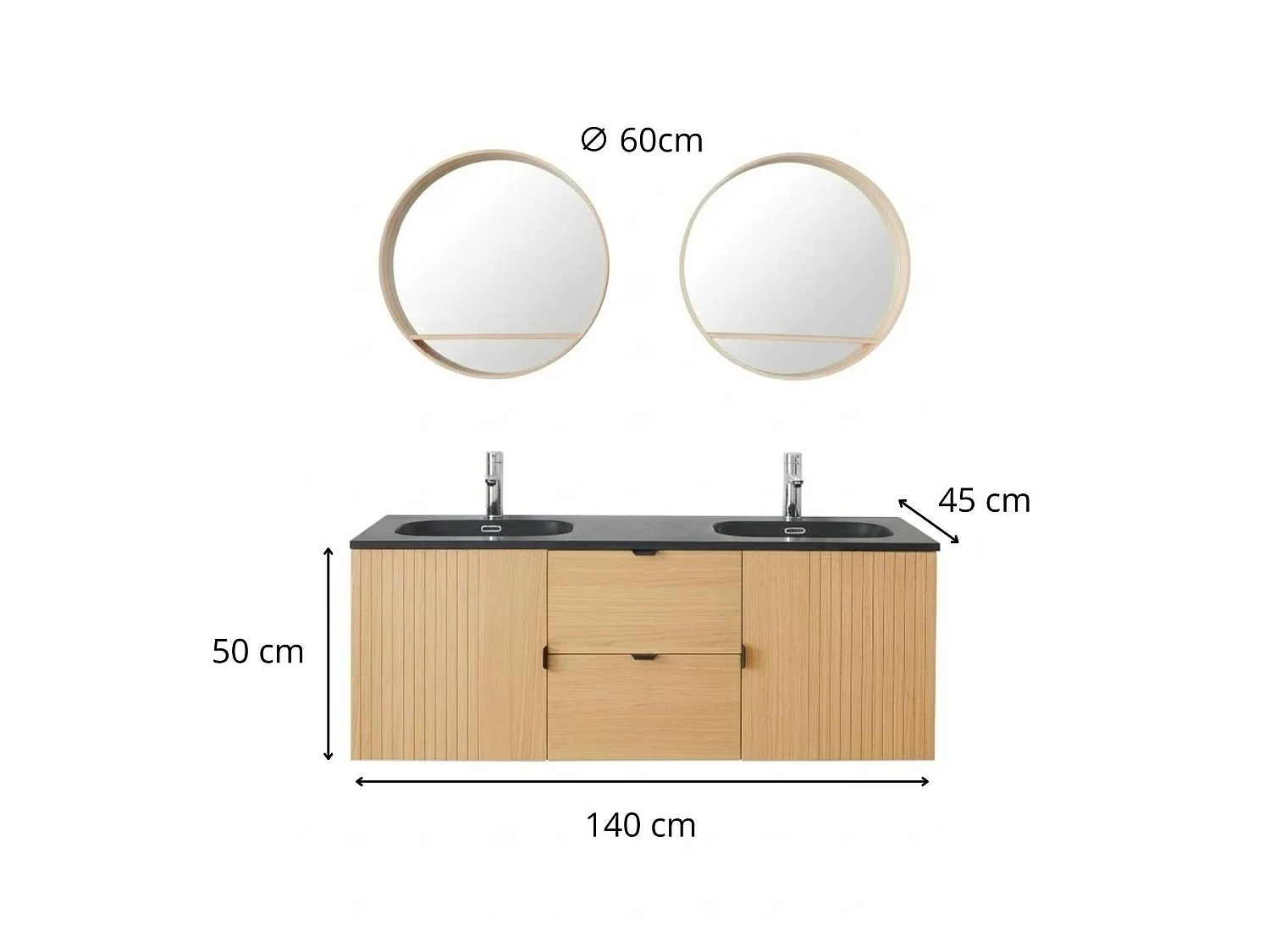 Dubbel meubel 140cm eiken, kranen en ronde spiegels STUDIO