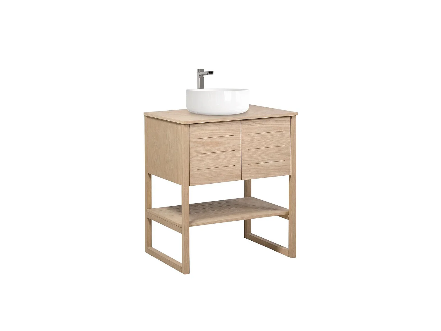 Mueble roble 70cm lavabo redondo blanco y grifo cromado ATOLL