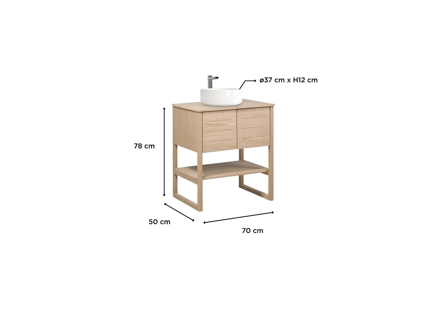 Mueble roble 70cm lavabo redondo blanco y grifo cromado ATOLL