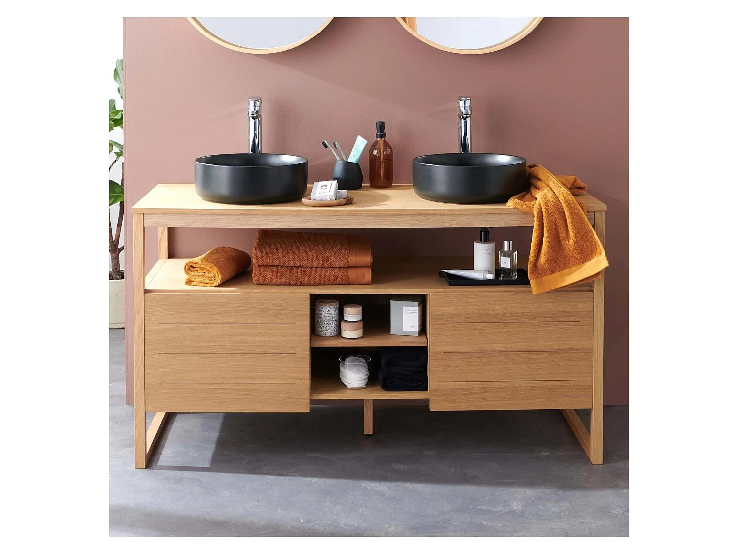 Mueble doble 140cm roble lavabos redondos negros grifos ATOLL