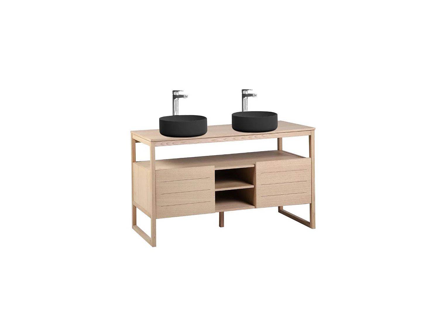 Mueble doble 140cm roble lavabos redondos negros grifos ATOLL