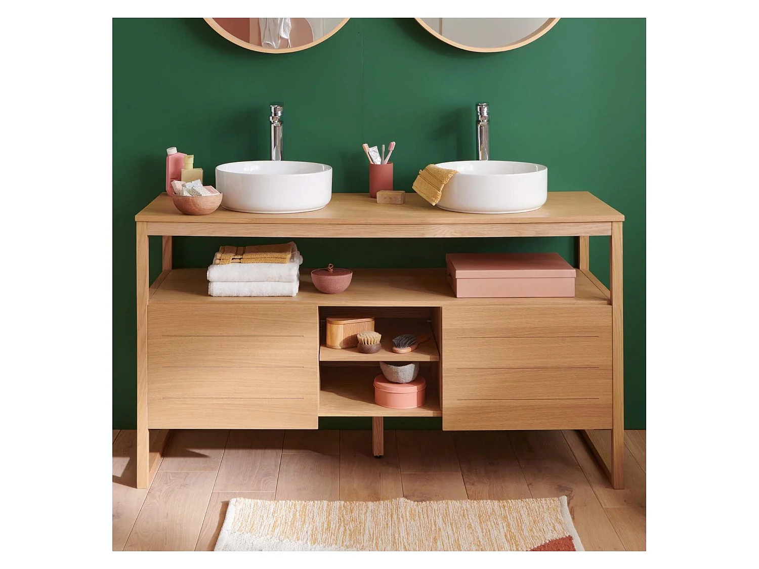 Ensemble meuble double vasque 140cm en chêne avec vasques rondes blanches et robinets