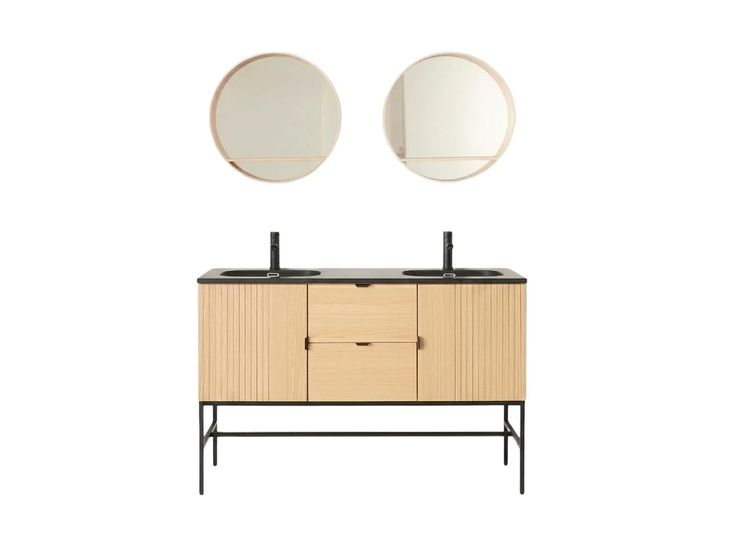 Dubbel meubel 140cm eiken, zwarte kranen en ronde spiegels STUDIO