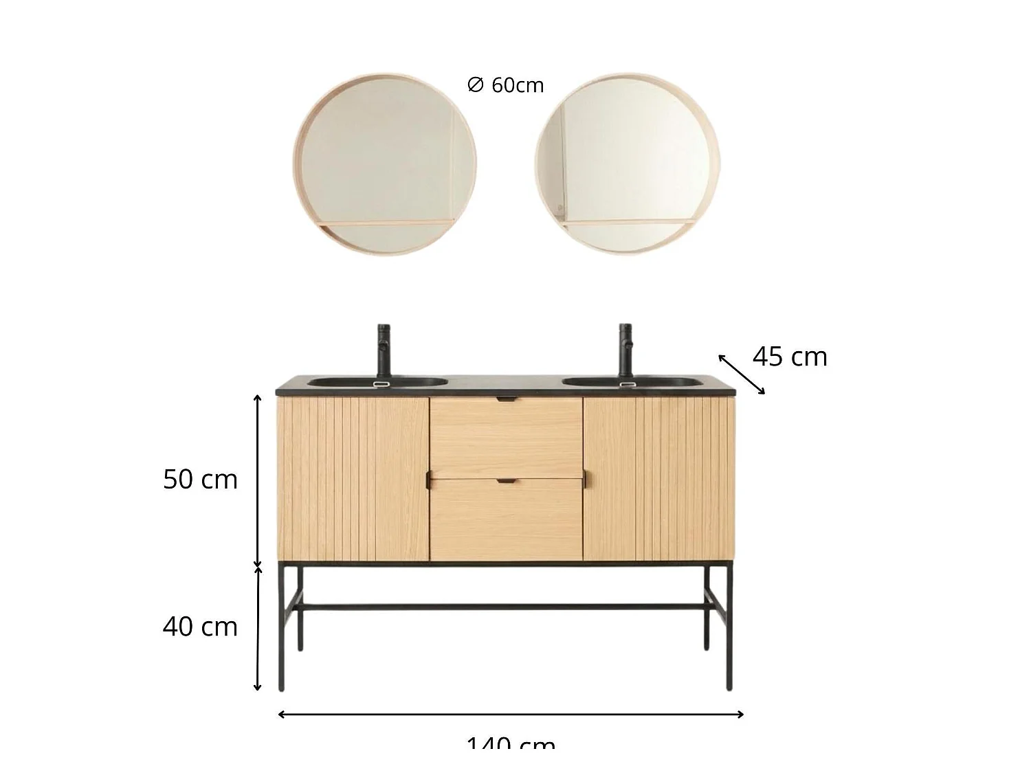 Dubbel meubel 140cm eiken, zwarte kranen en ronde spiegels STUDIO