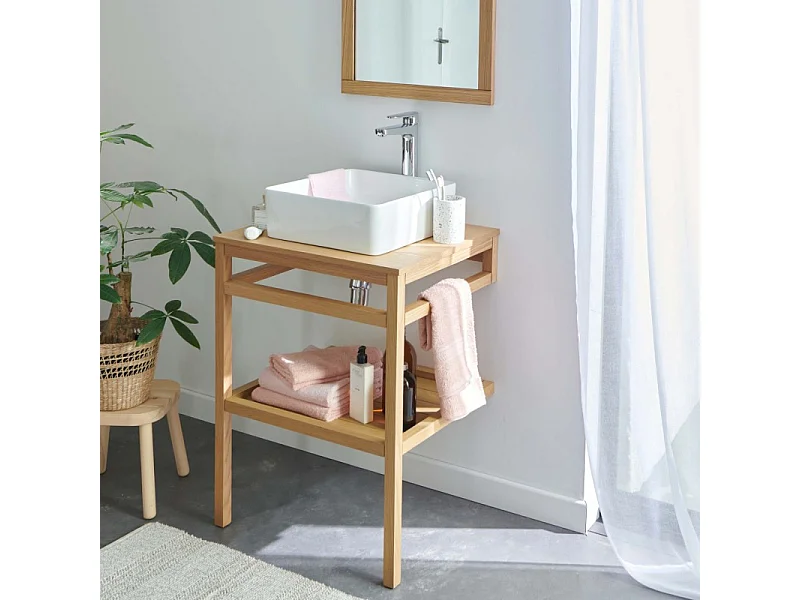 Enkel meubel 60cm eiken met vierkante witte waskom HOPP