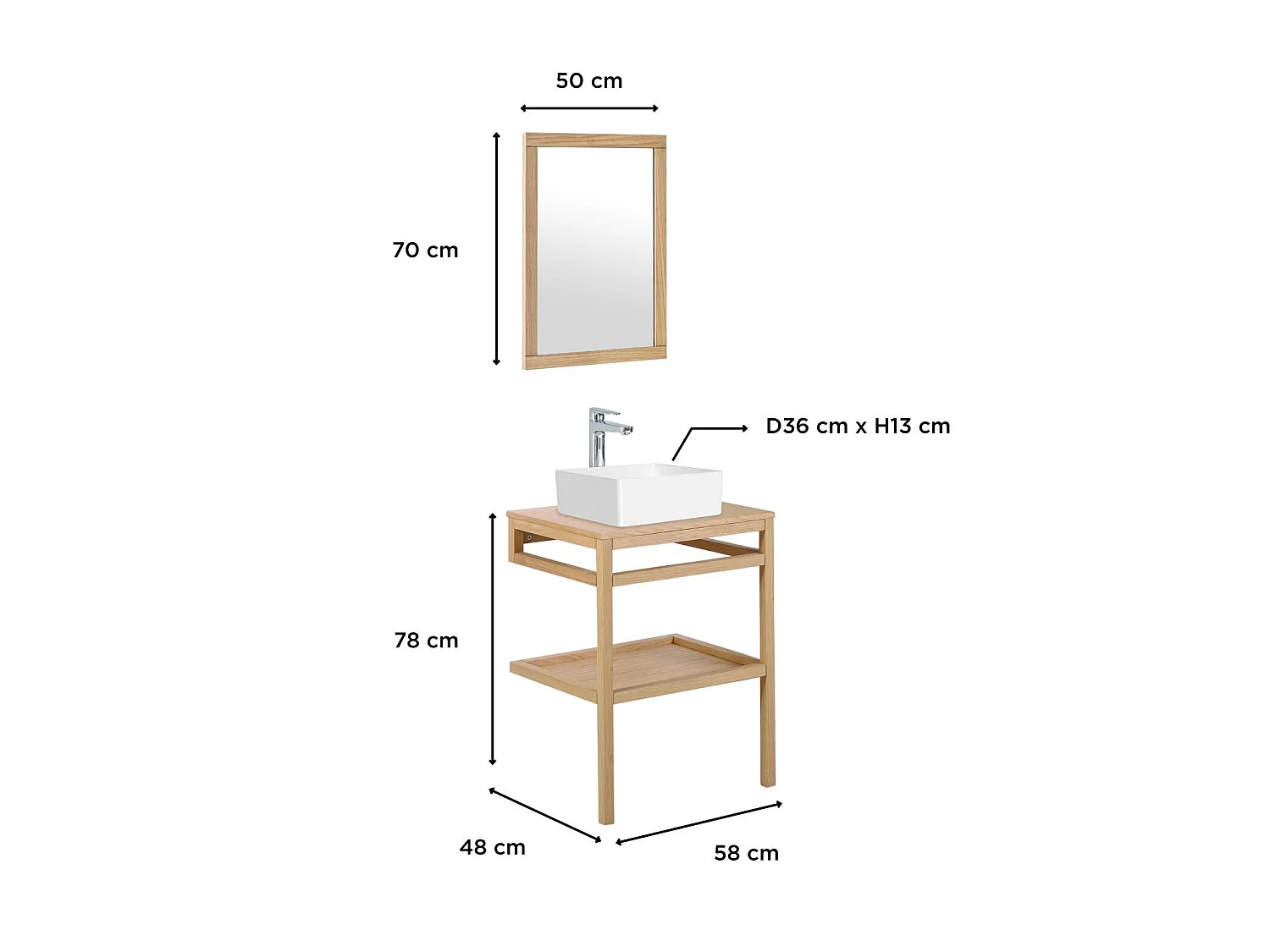 Meubel 60cm eiken vierkante waskom kraan en spiegel HOPP