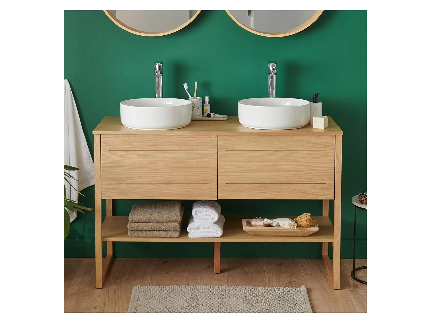 Mueble doble 120cm roble lavabos redondos grifos ATOLL