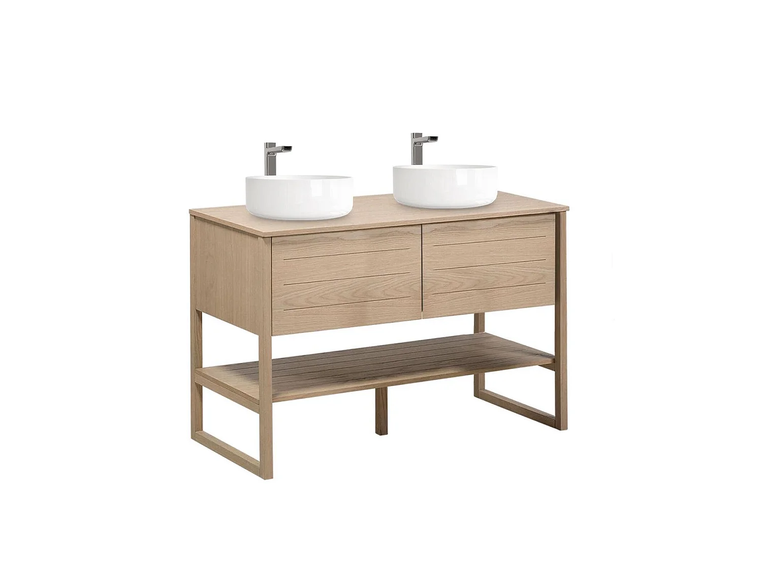 Mueble doble 120cm roble lavabos redondos grifos ATOLL