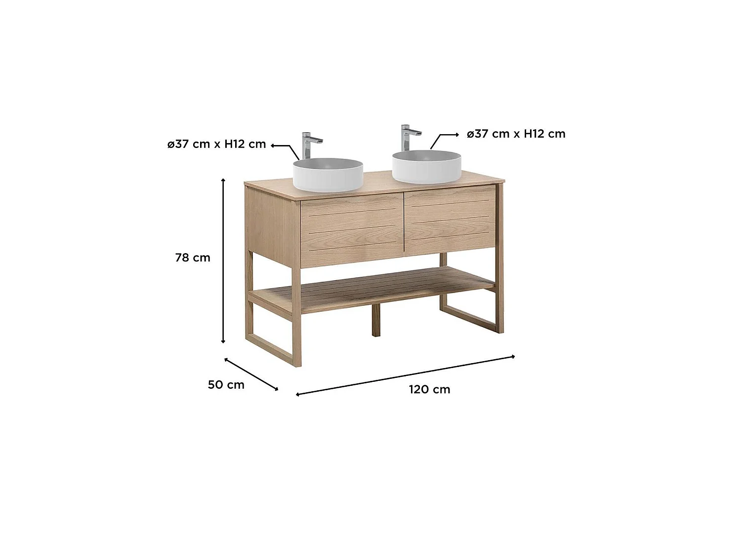 Mueble doble 120cm roble lavabos redondos grifos ATOLL