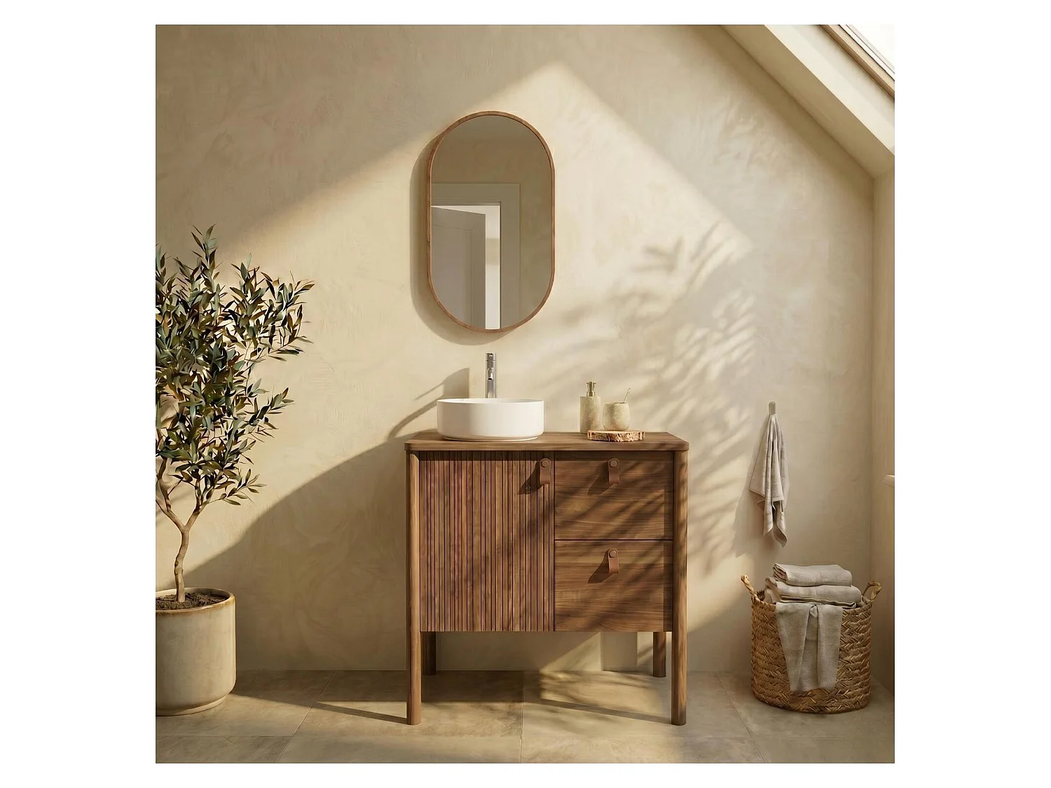 Wasmeubel eiken 80cm poten, wastafel, kraan en ovale spiegel JOY