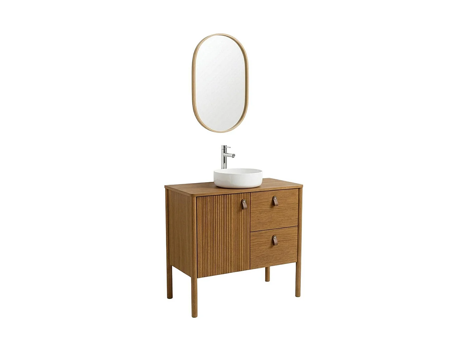 Wasmeubel eiken 80cm poten, wastafel, kraan en ovale spiegel JOY