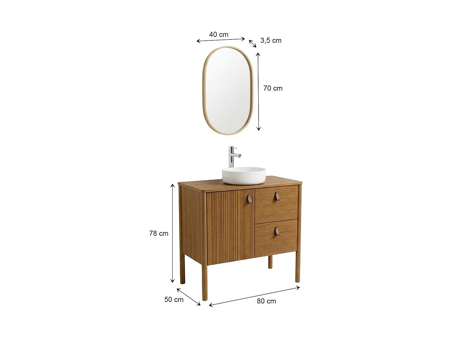 Wasmeubel eiken 80cm poten, wastafel, kraan en ovale spiegel JOY