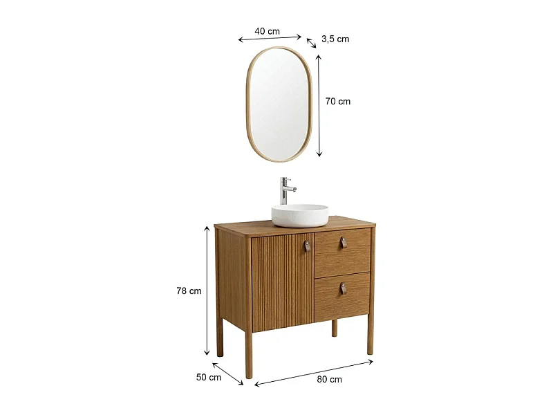 Wasmeubel eiken 80cm poten, wastafel, kraan en ovale spiegel JOY