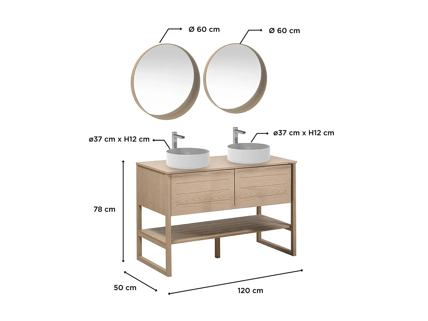 Dubbel meubel 120cm eiken ronde waskommen kranen spiegel ATOLL