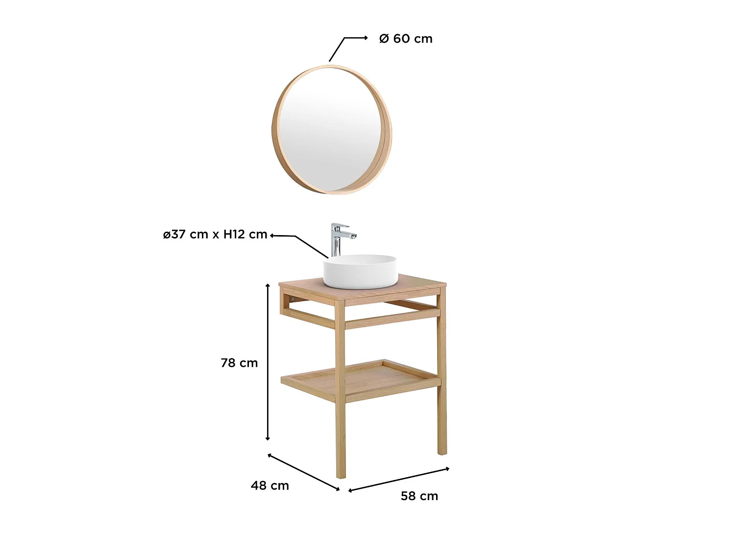 Meubel 60cm eiken ronde waskom kraan en spiegel HOPP