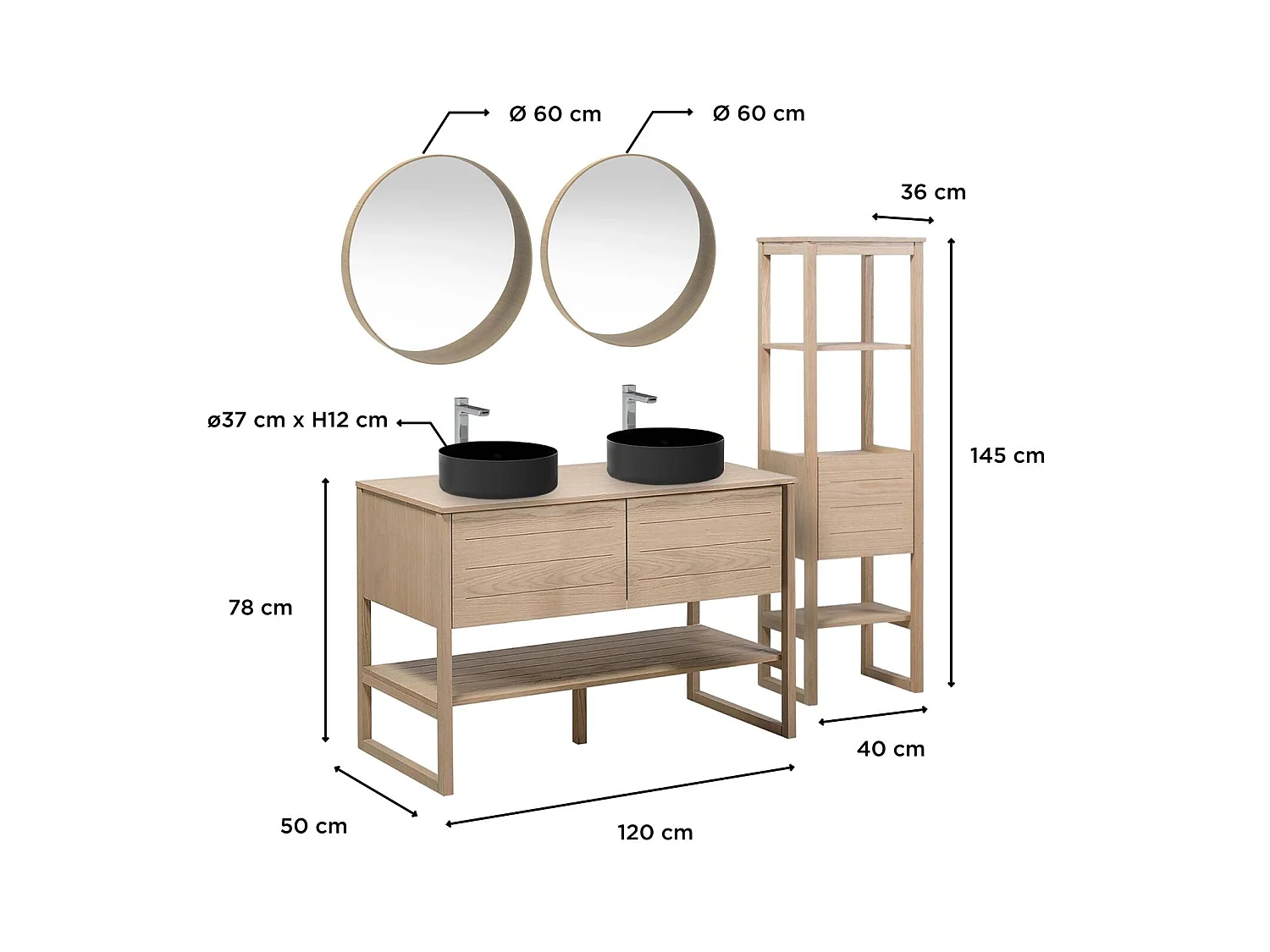 Meuble double 120cm chêne vasques noires robinets miroirs colonne ATOLL