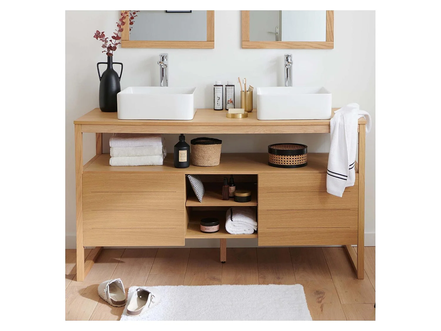 Mueble doble 140cm roble lavabos cuadrados blancos ATOLL