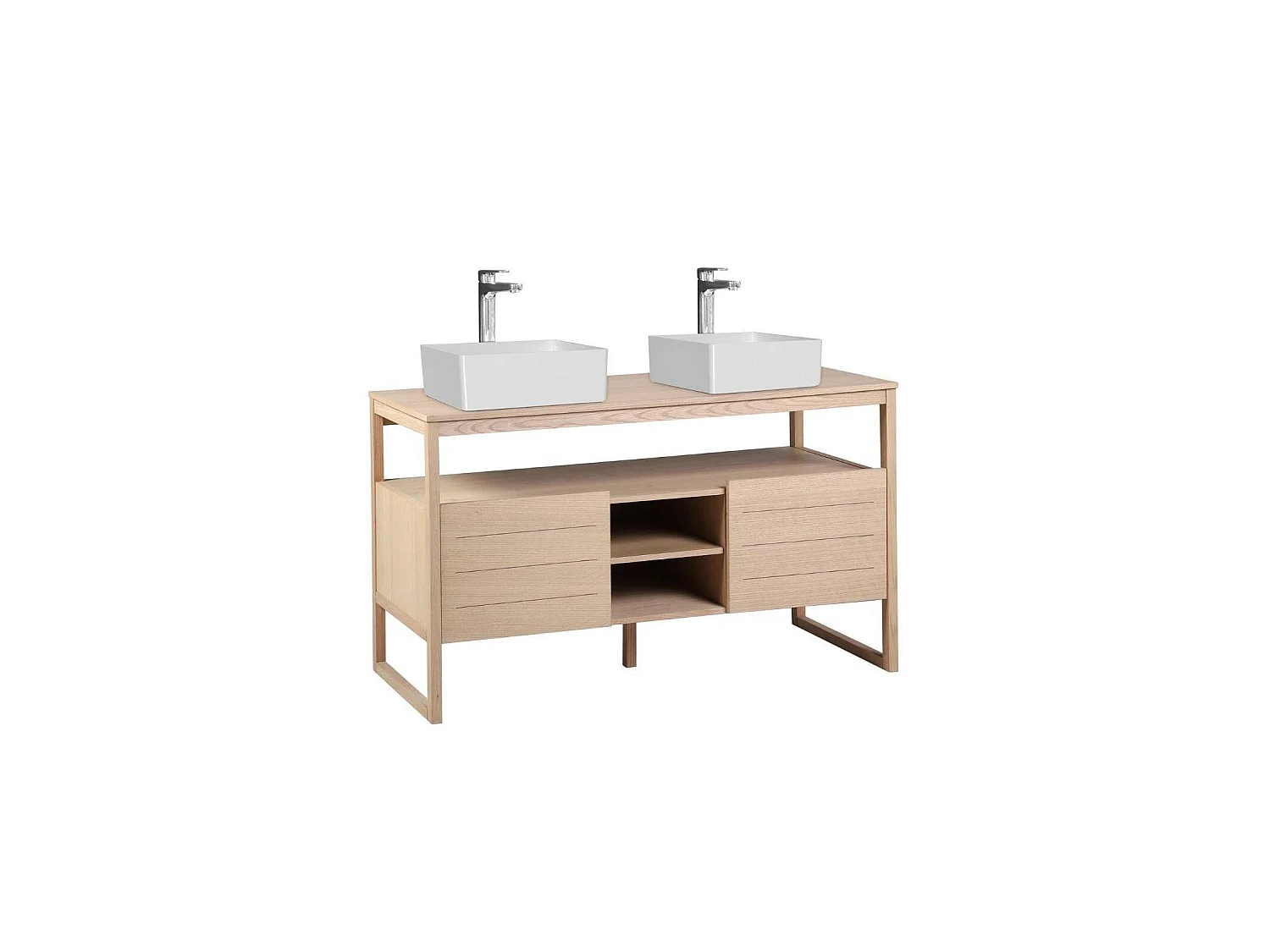 Mueble doble 140cm roble lavabos cuadrados blancos ATOLL