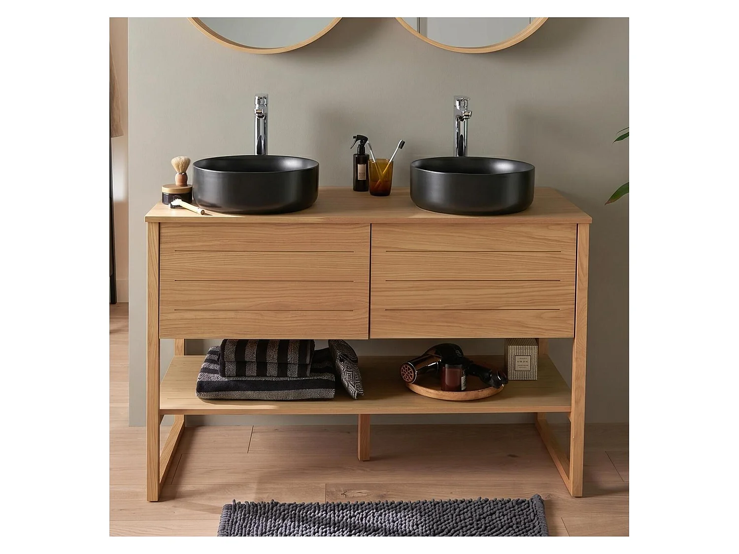 Mueble doble vasca 120cm roble con lavabos redondos negros ATOLL