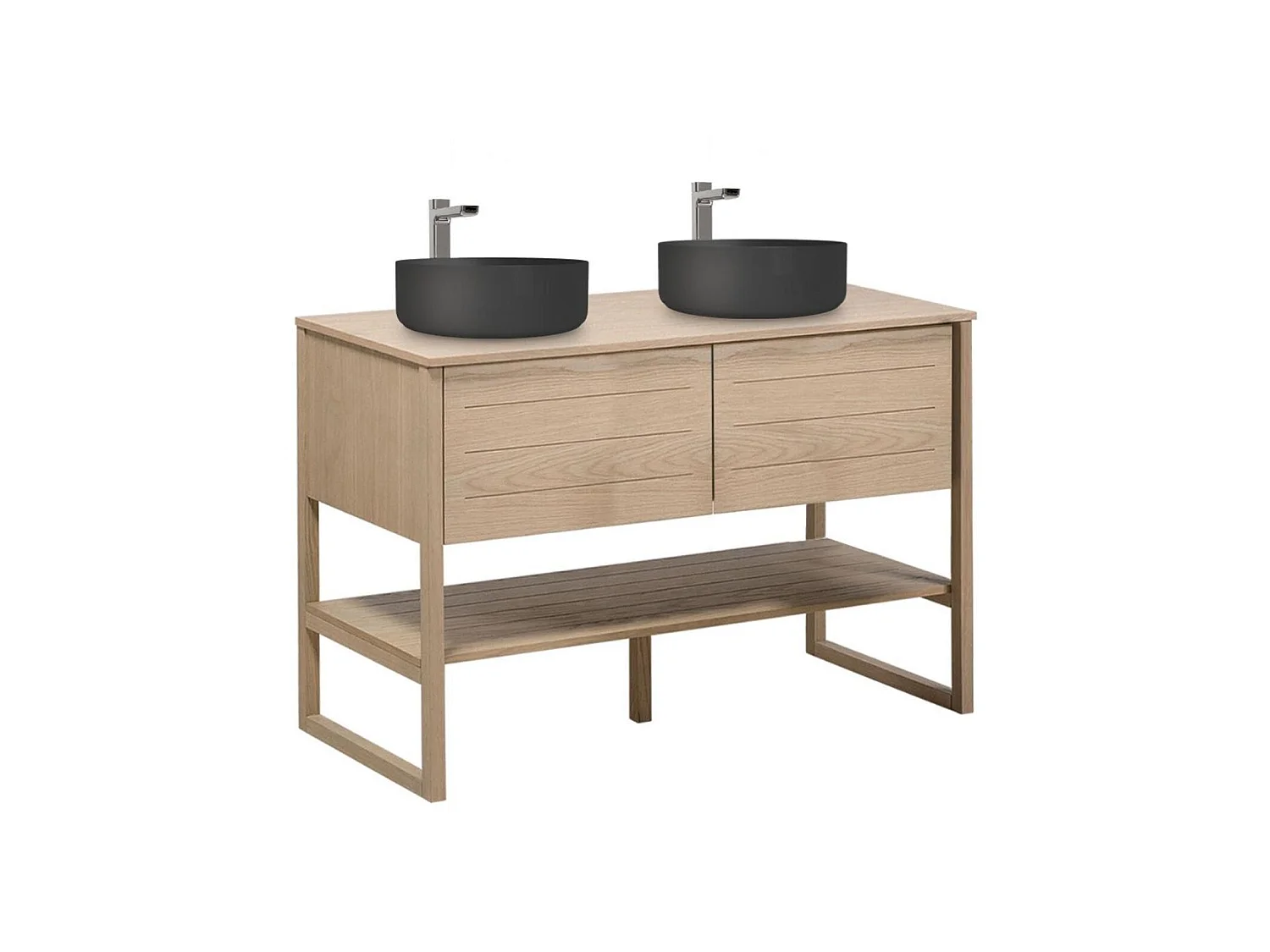 Mueble doble vasca 120cm roble con lavabos redondos negros ATOLL