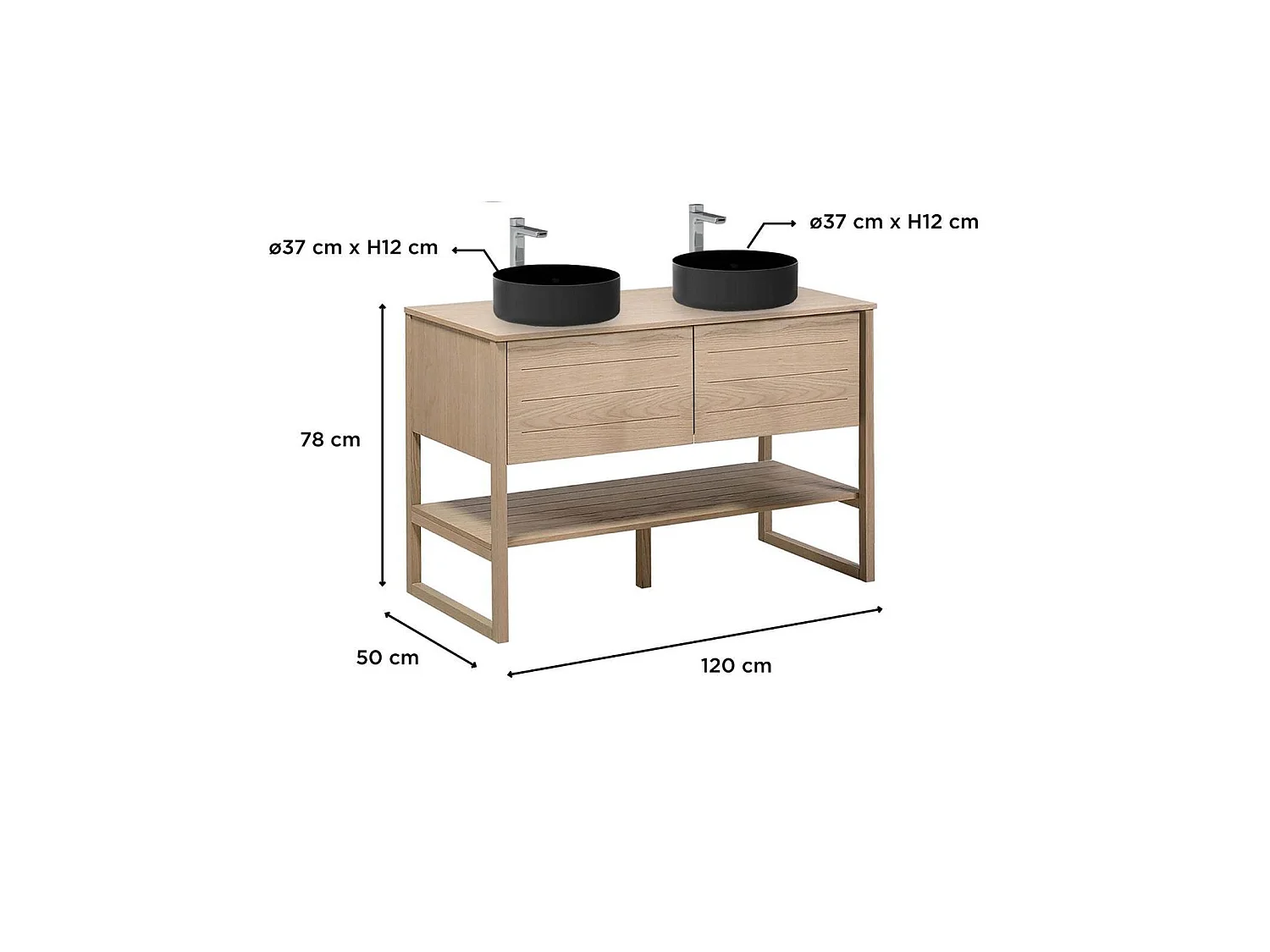 Mueble doble vasca 120cm roble con lavabos redondos negros ATOLL