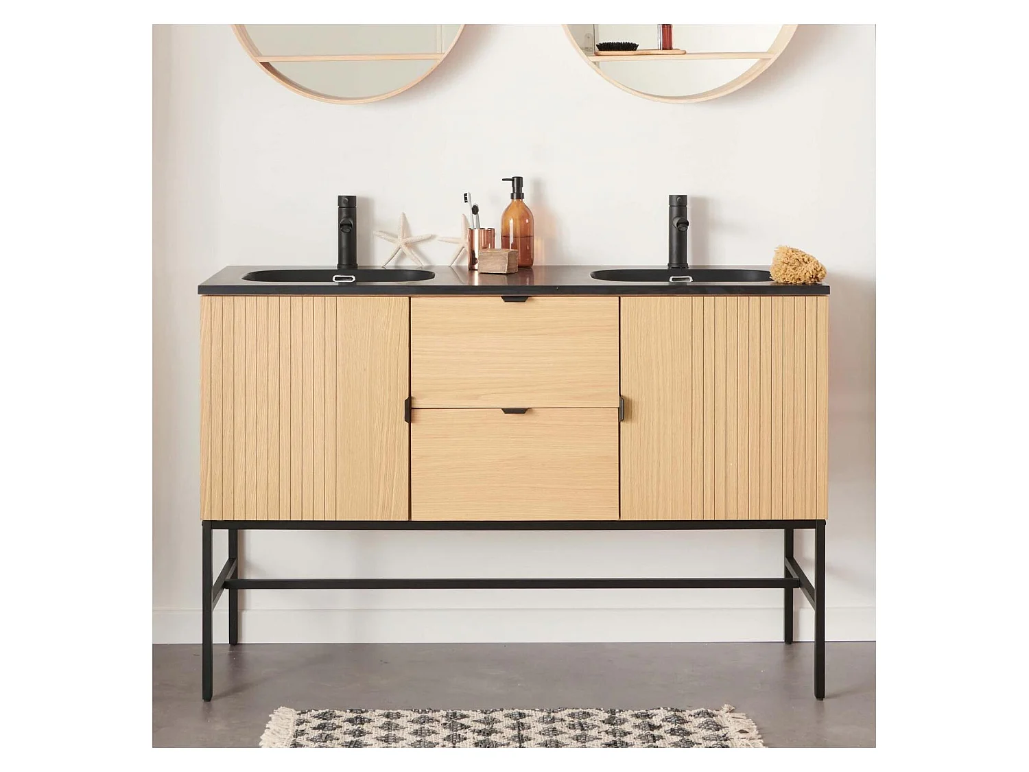 Mueble doble 140cm roble, lavabo y grifos negros STUDIO
