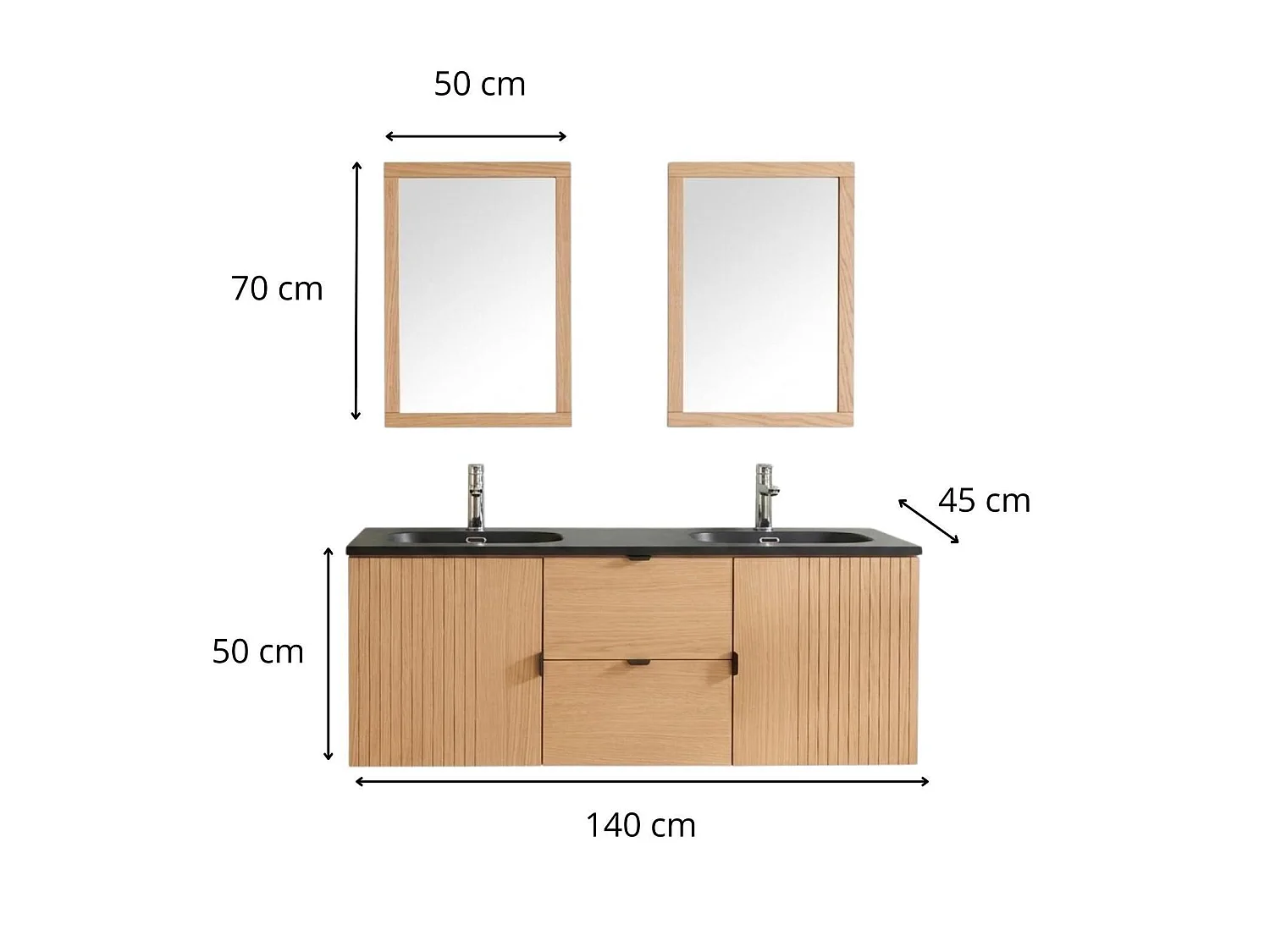Dubbel meubel 140cm eiken, kranen en vierkante spiegels STUDIO