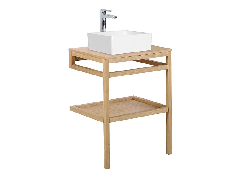 Mueble 60cm roble lavabo cuadrado blanco y grifo HOPP