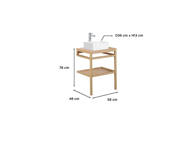 Mueble 60cm roble lavabo cuadrado blanco y grifo HOPP