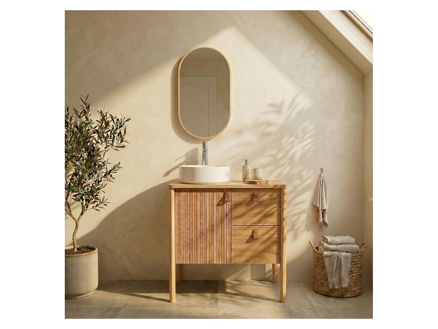 Wasmeubel eiken 80cm poten, wastafel, kraan en ovale spiegel JOY