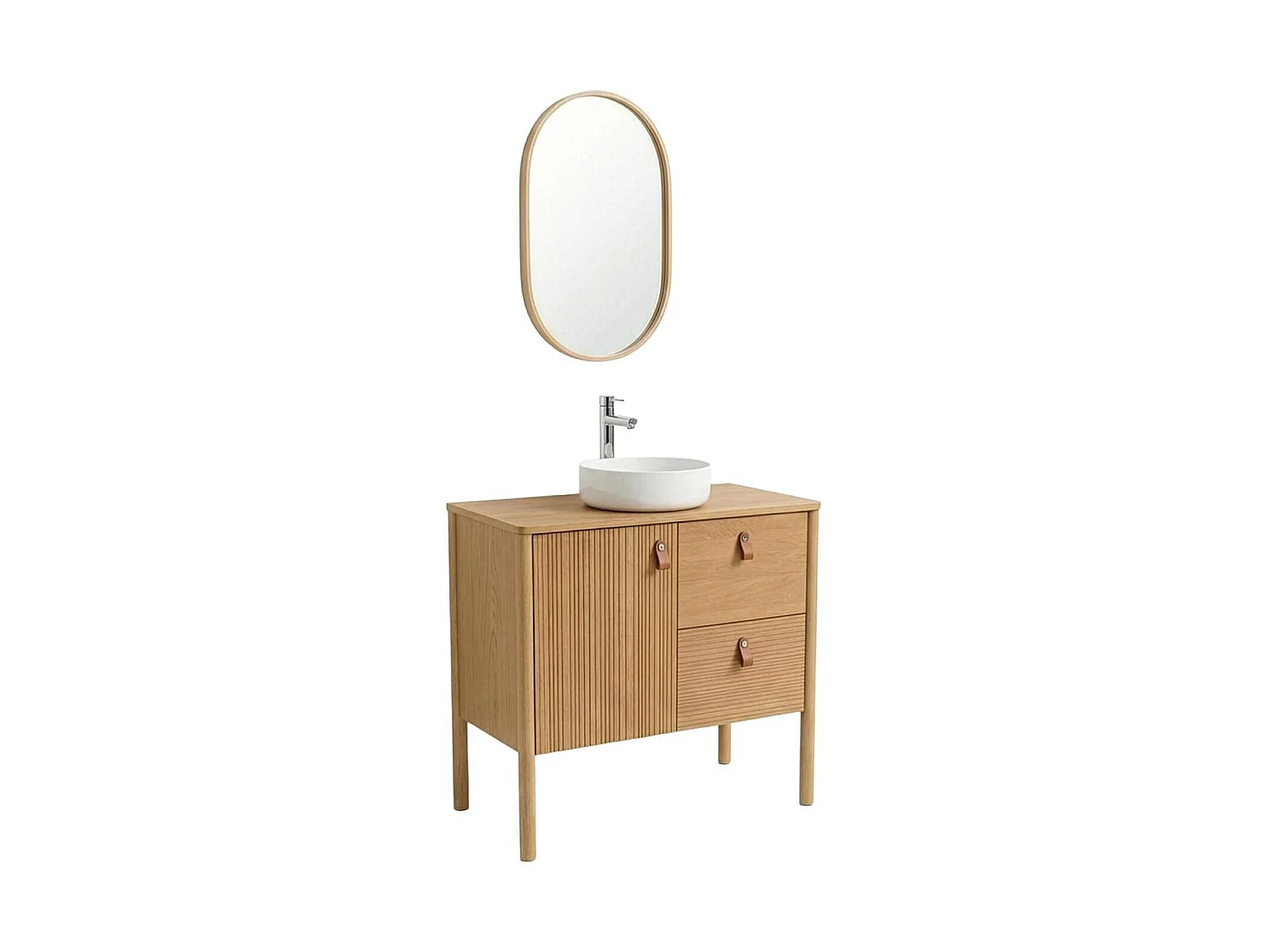 Wasmeubel eiken 80cm poten, wastafel, kraan en ovale spiegel JOY