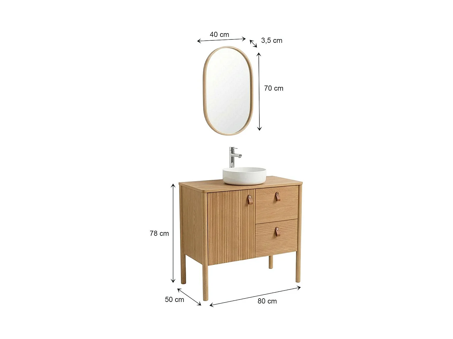 Wasmeubel eiken 80cm poten, wastafel, kraan en ovale spiegel JOY