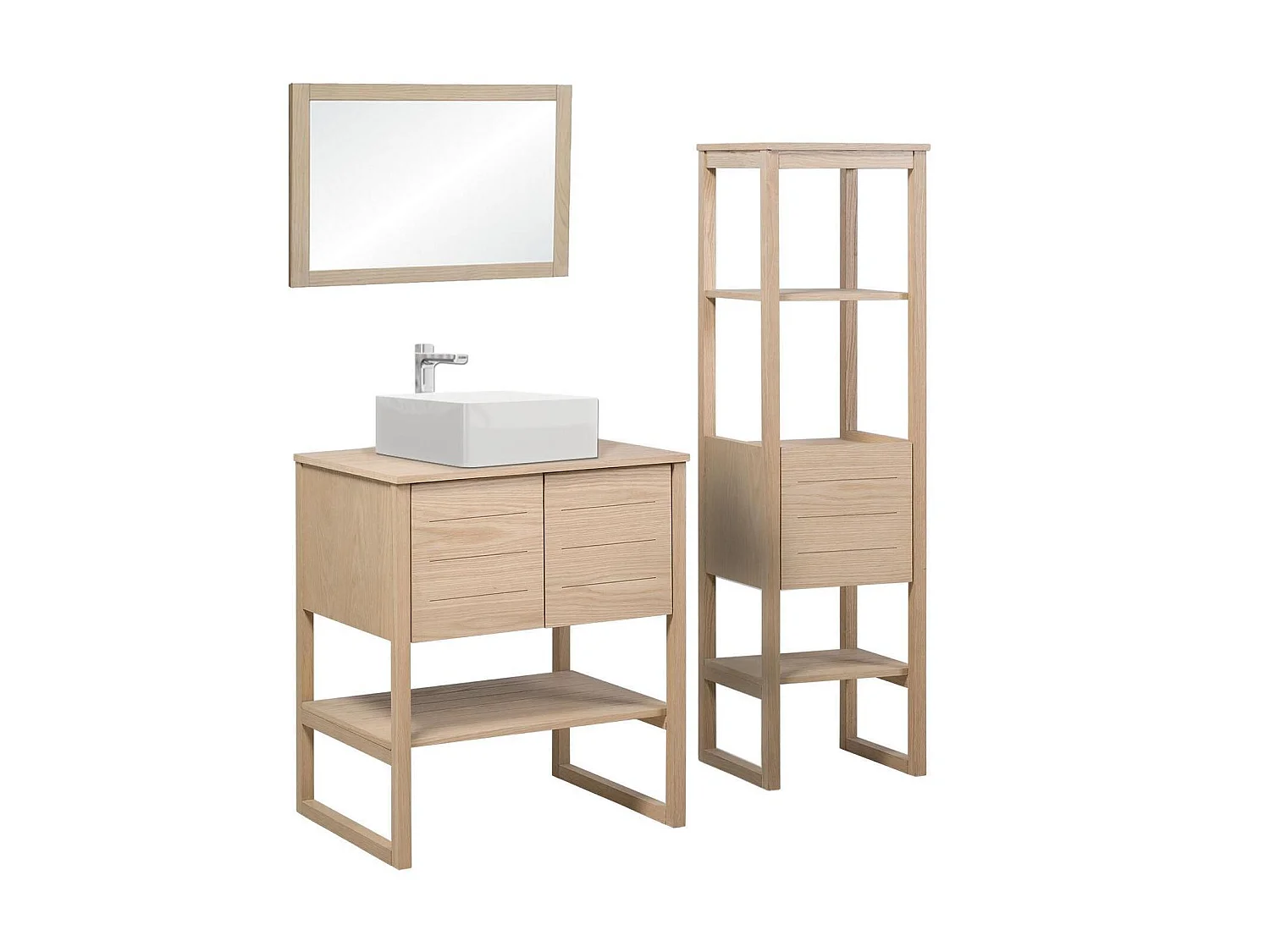 Badmeubel 70cm eiken kolomkast waskom vierkant kraan spiegel ATOLL