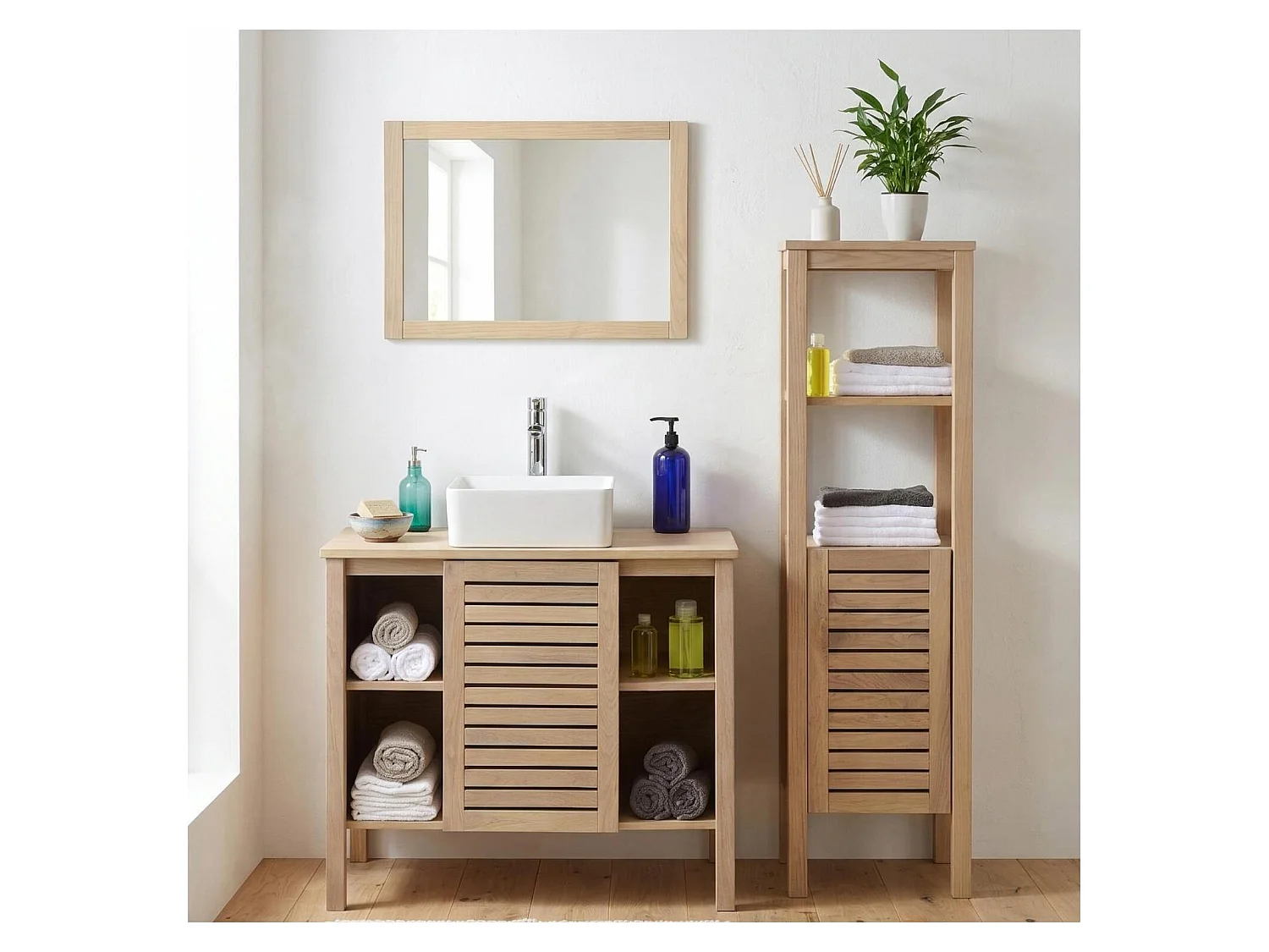 TALIX 90 cm eikenhouten wastafelset met kraan, spiegel en kolom