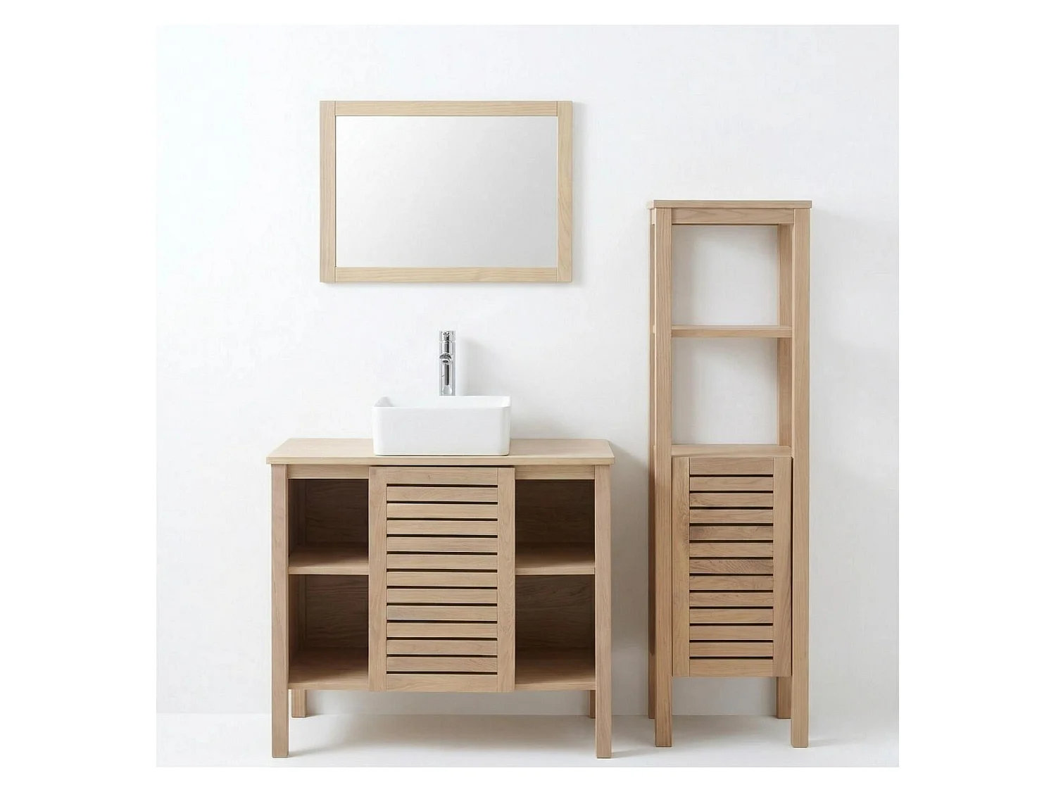TALIX 90 cm eikenhouten wastafelset met kraan, spiegel en kolom
