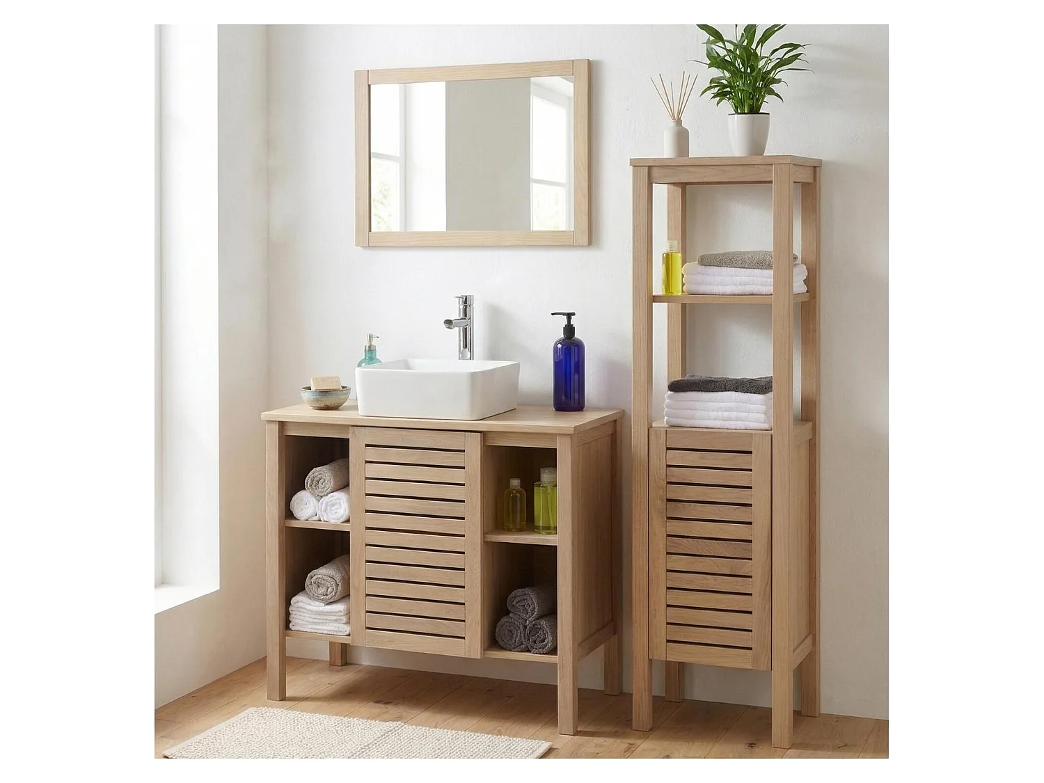 TALIX 90 cm eikenhouten wastafelset met kraan, spiegel en kolom