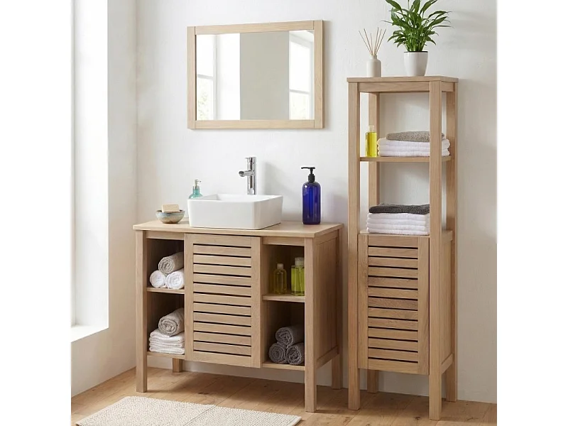 Lavabo individual TALIX de 90 cm, de roble, con grifo, espejo y columna