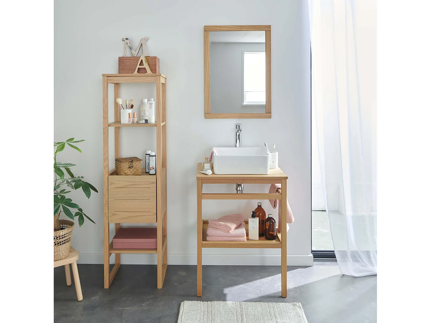 Badmeubel 60cm eiken, vierkante waskom, kraan, spiegel, kolomkast HOPP