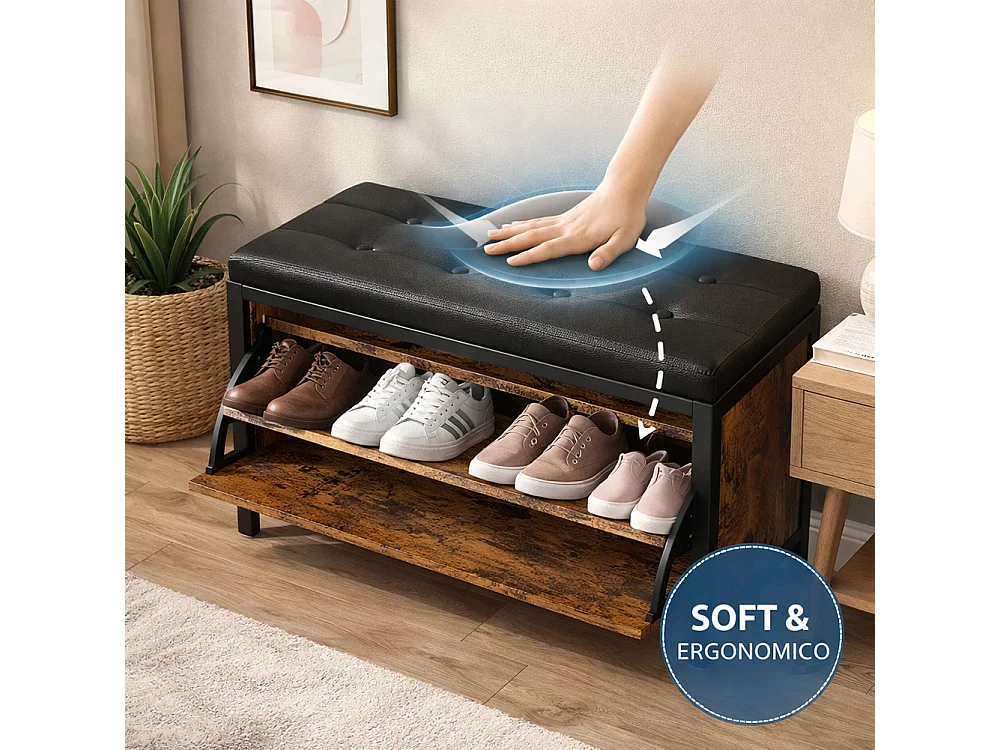 Panca Scarpiera Seduta Imbottita Industrial Porta Scarpe Salvaspazio 80x30x51cm