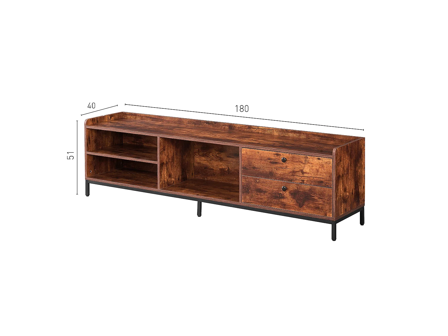 Meuble TV vintage industriel 180 cm avec 2 tiroirs et étagères ouvertes – Belle Époque