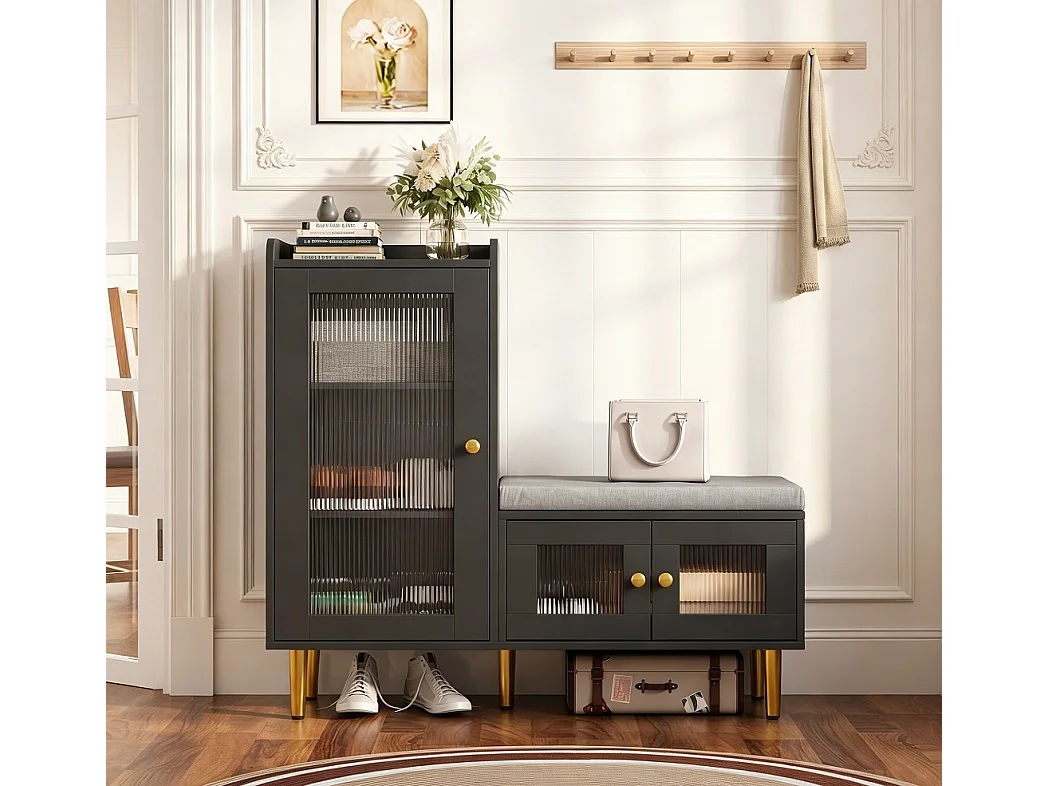 Armoire à chaussures - 100 x 35 x 90 cm - Banc à chaussures avec espace de rangement - 3 panneaux de porte semi-transparents - Noir