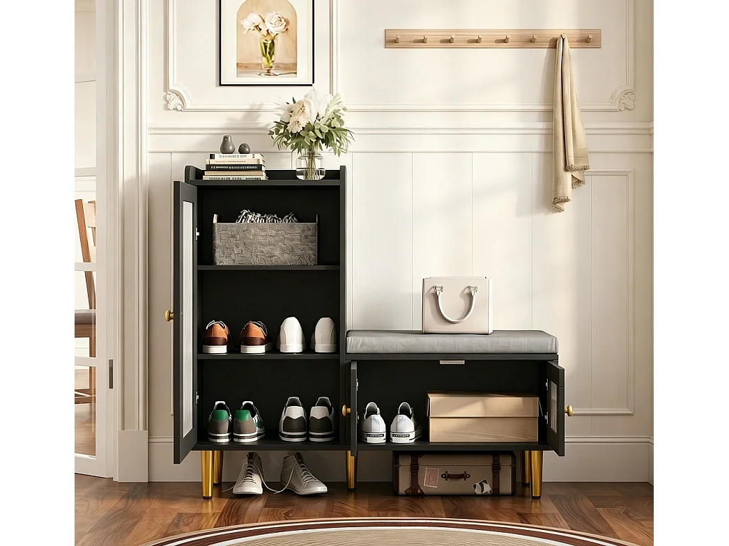 Armoire à chaussures - 100 x 35 x 90 cm - Banc à chaussures avec espace de rangement - 3 panneaux de porte semi-transparents - Noir