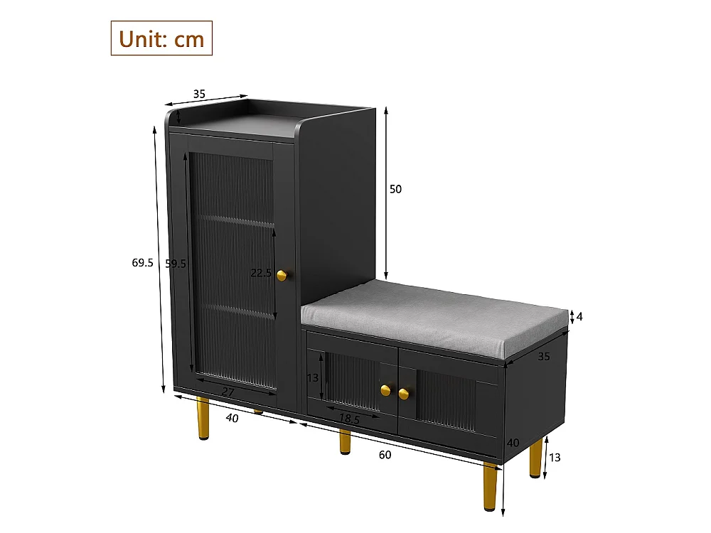 Armoire à chaussures - 100 x 35 x 90 cm - Banc à chaussures avec espace de rangement - 3 panneaux de porte semi-transparents - Noir