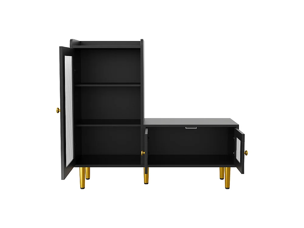 Armoire à chaussures - 100 x 35 x 90 cm - Banc à chaussures avec espace de rangement - 3 panneaux de porte semi-transparents - Noir