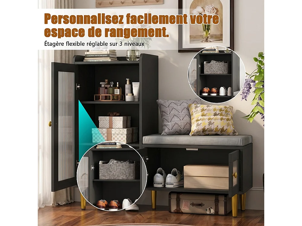 Armoire à chaussures - 100 x 35 x 90 cm - Banc à chaussures avec espace de rangement - 3 panneaux de porte semi-transparents - Noir