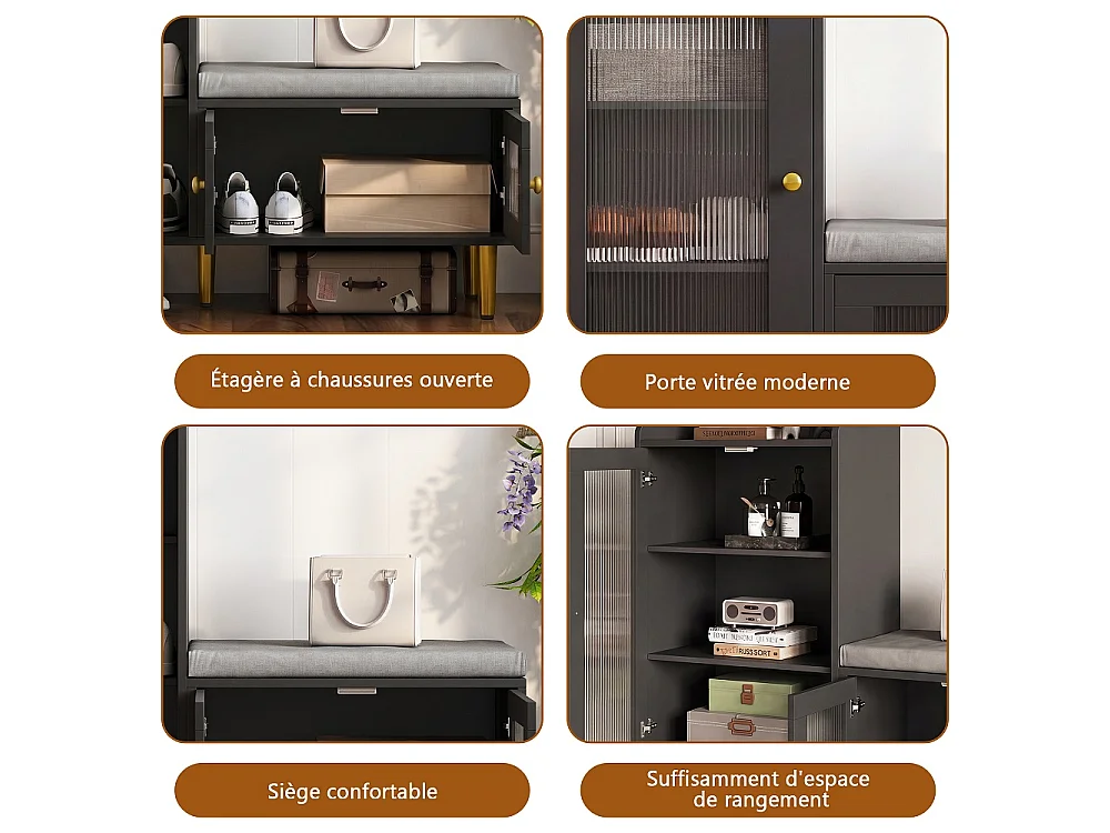 Armoire à chaussures - 100 x 35 x 90 cm - Banc à chaussures avec espace de rangement - 3 panneaux de porte semi-transparents - Noir