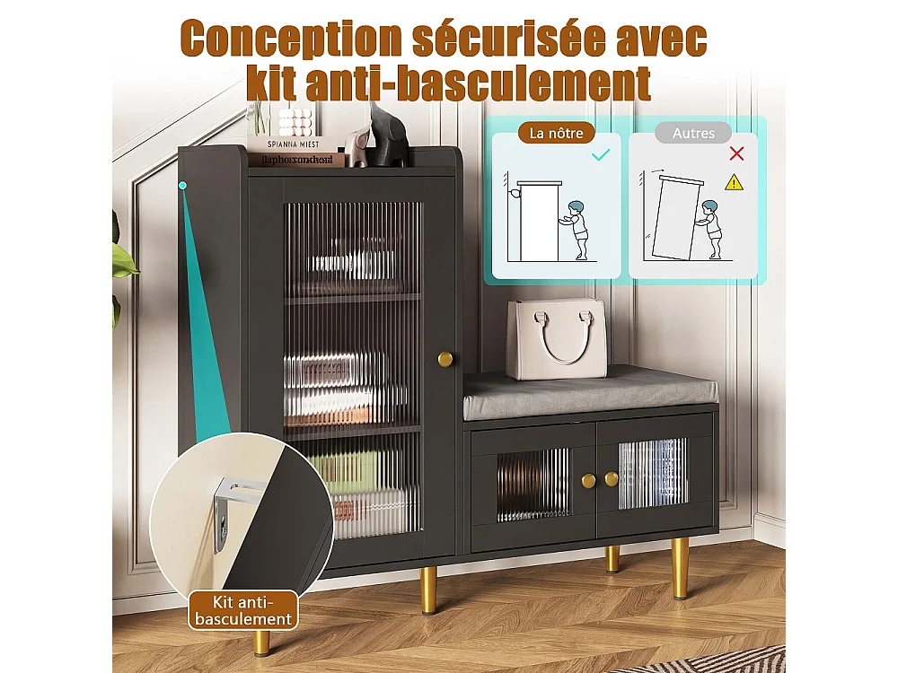 Armoire à chaussures - 100 x 35 x 90 cm - Banc à chaussures avec espace de rangement - 3 panneaux de porte semi-transparents - Noir